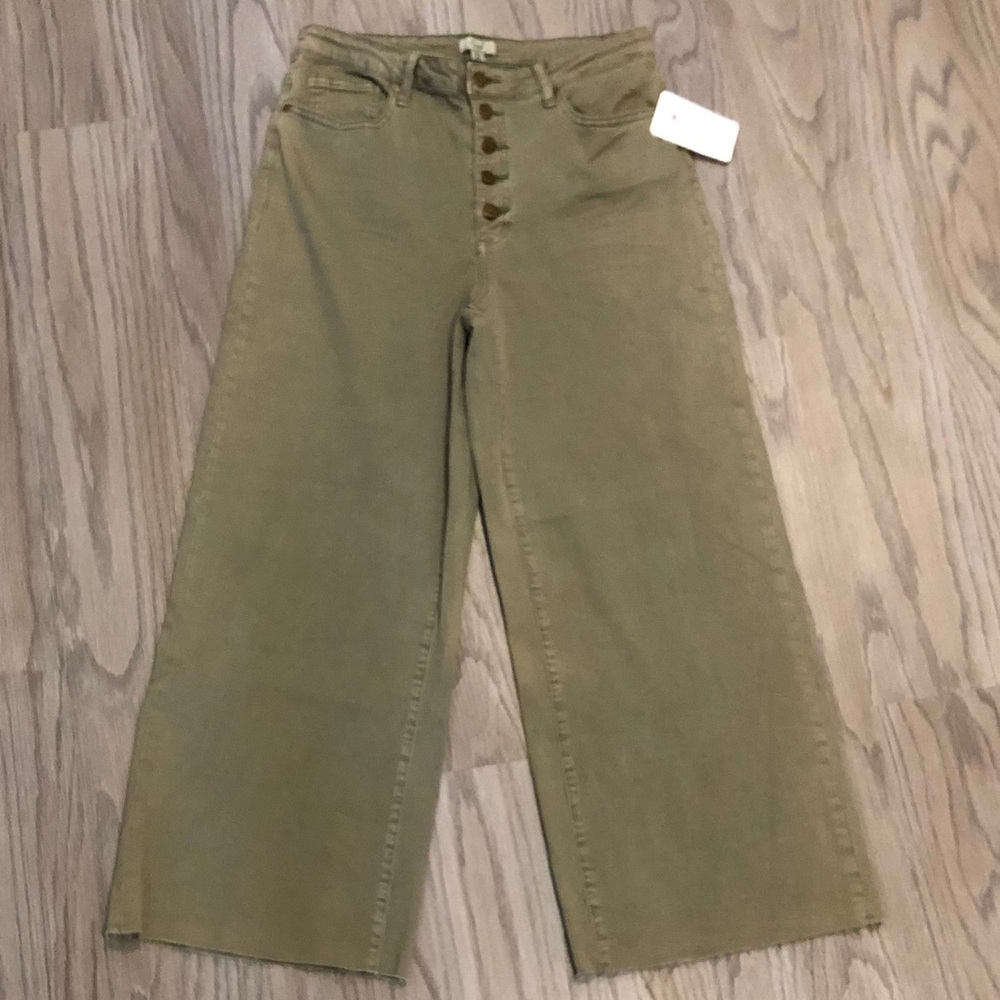 easel Olive Green Wide-Leg Flare Jeans